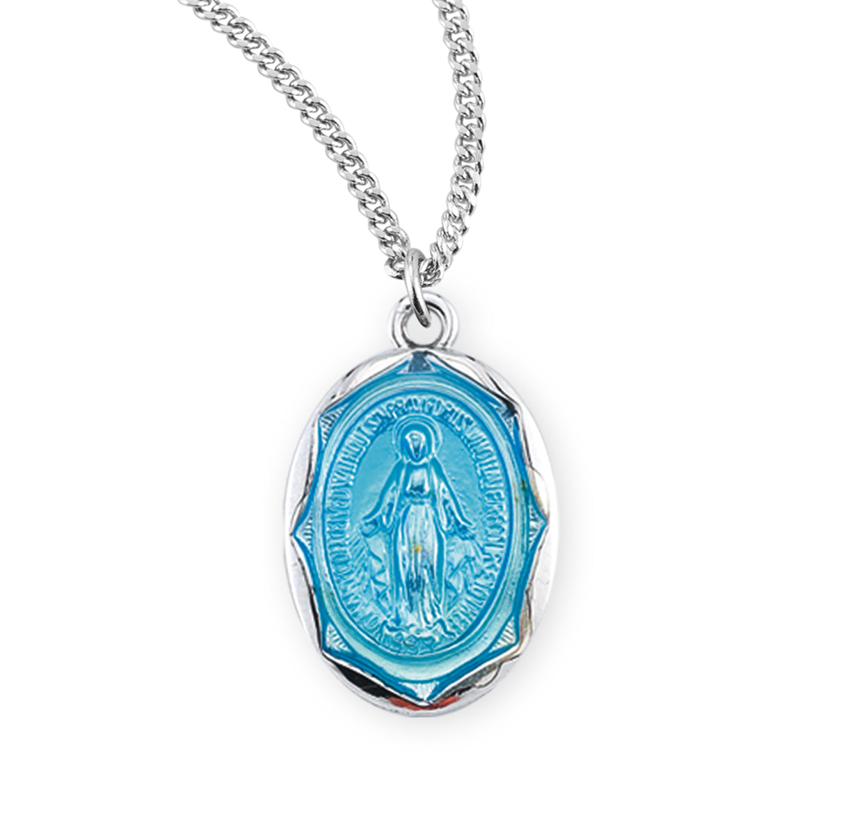 Sterling Silver Oval Blue Enameled Miraculous Medal