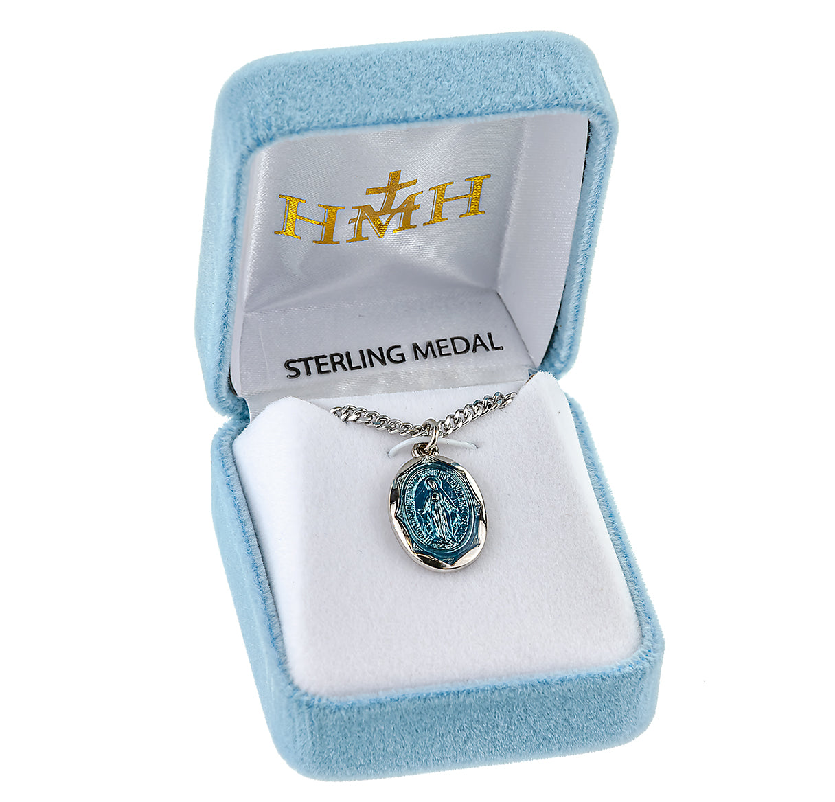 Sterling Silver Oval Blue Enameled Miraculous Medal