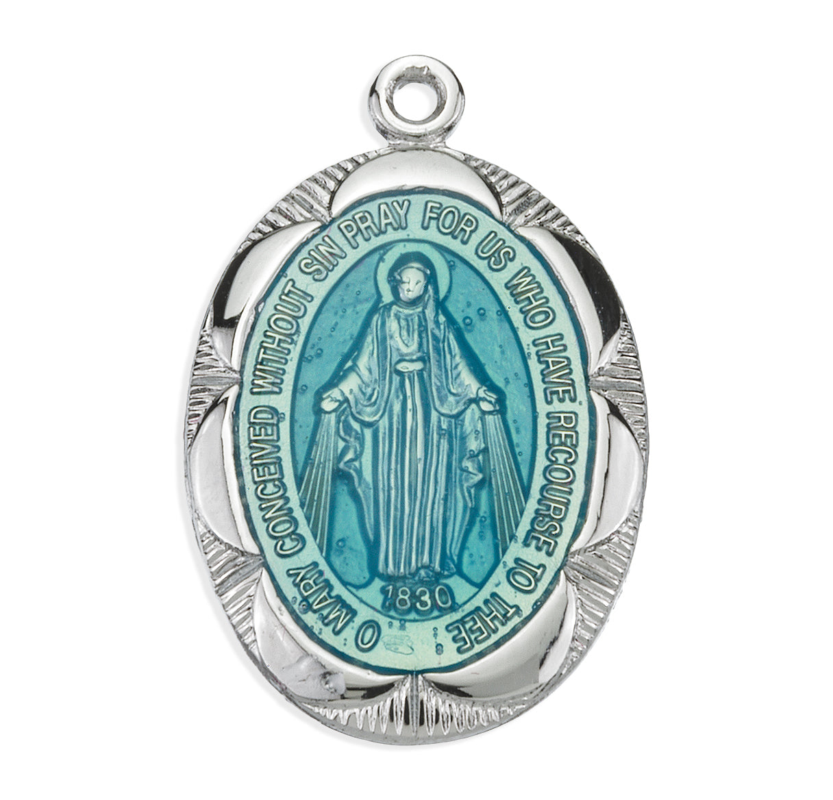 Sterling Silver Oval Blue Enameled Fancy Edge Miraculous Medal