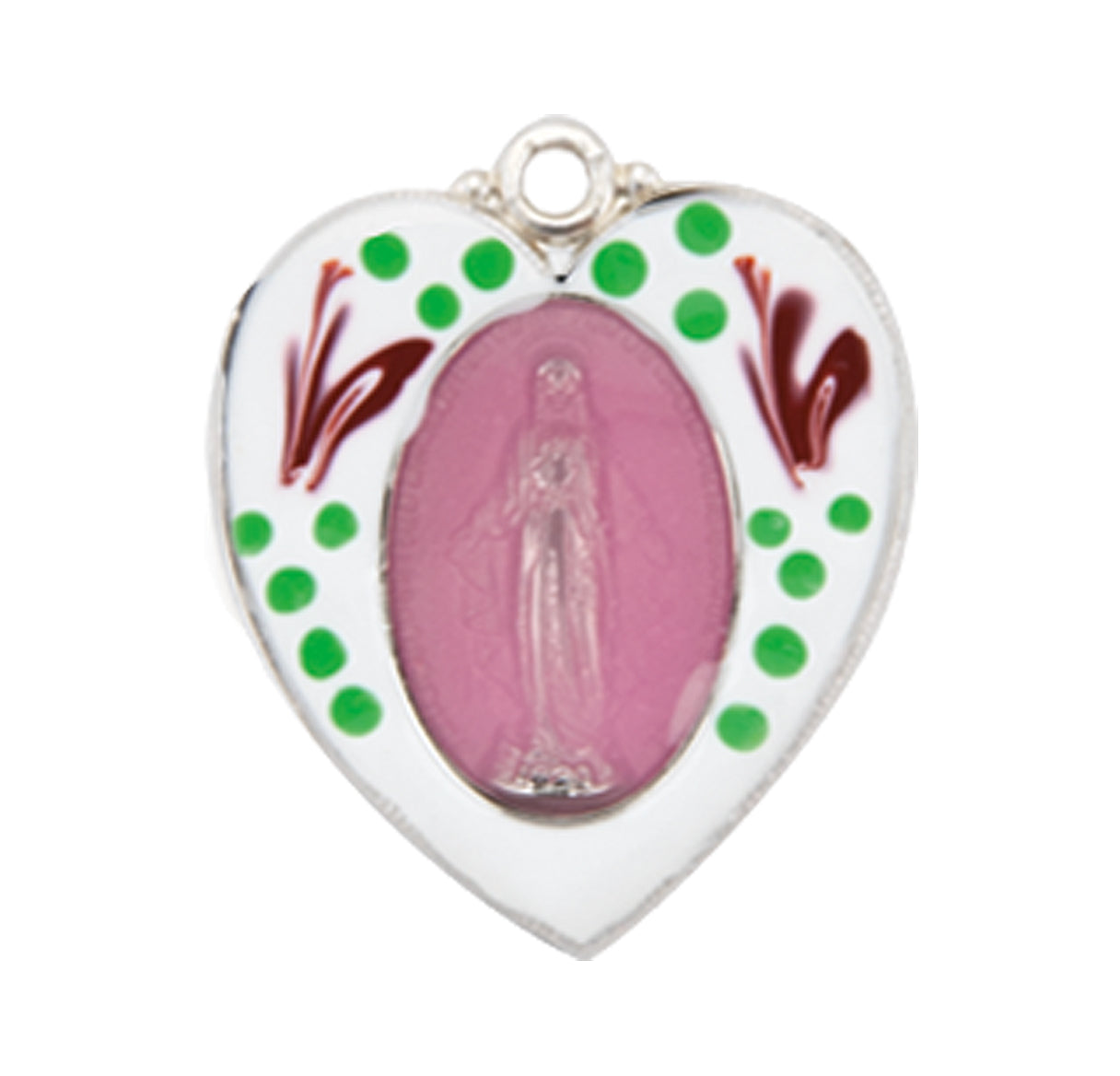 Sterling Silver Flower Enameled Heart Shape Miraculous Medal