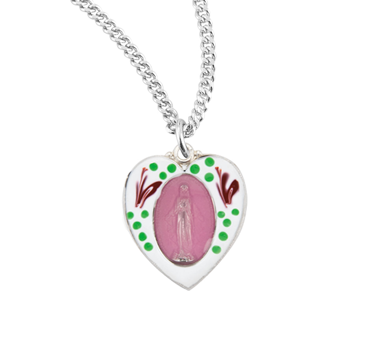 Sterling Silver Flower Enameled Heart Shape Miraculous Medal