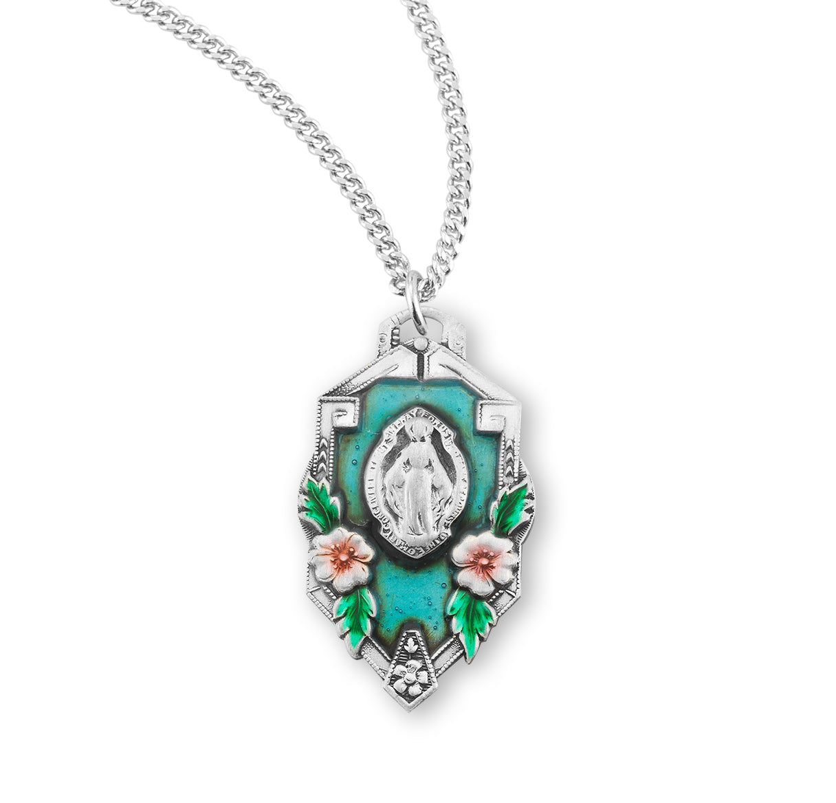 Sterling Silver Miraculous Medal in a Flower Frame