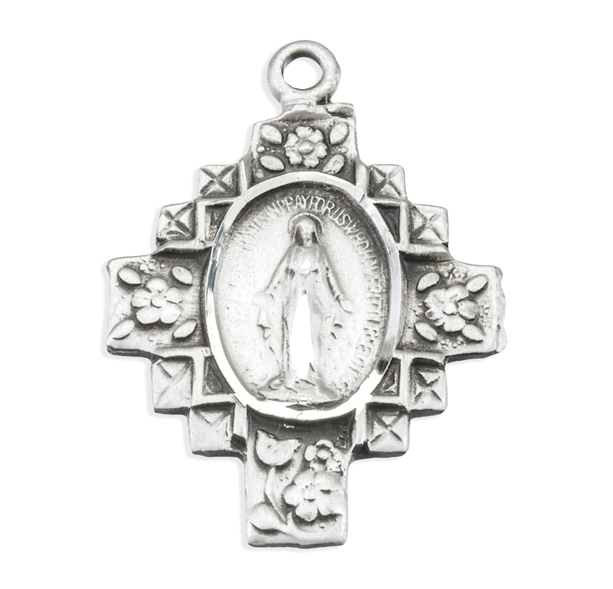 Sterling Silver Flowered Cross Miraculous Medal