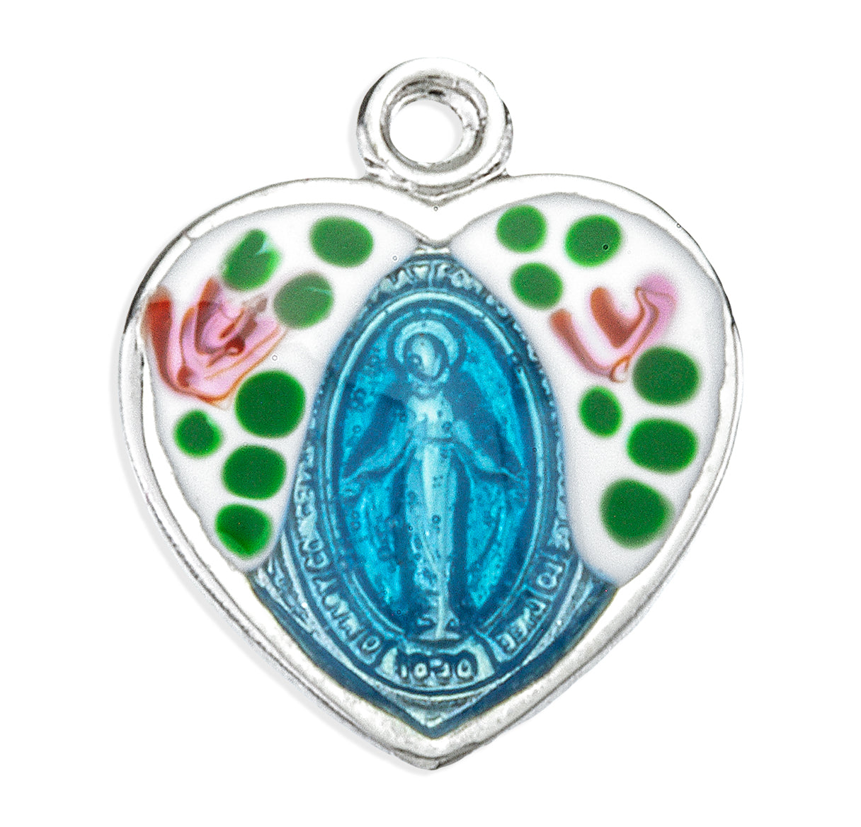 Sterling Silver Flower Enameled Heart Shape Miraculous Medal