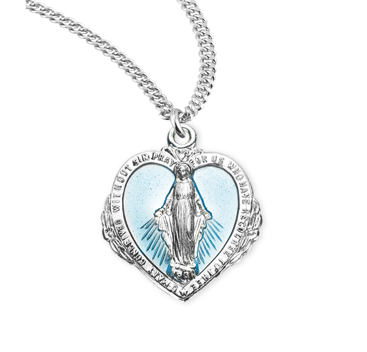 Sterling Silver Blue Enameled Heart Shape Miraculous Medal