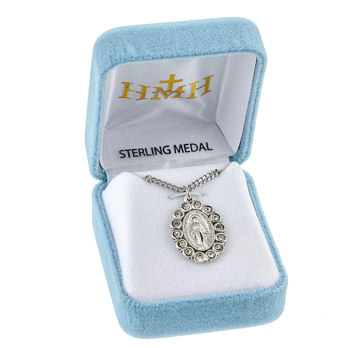 Sterling Silver Oval Miraculous Medal Set with Clear Crystals