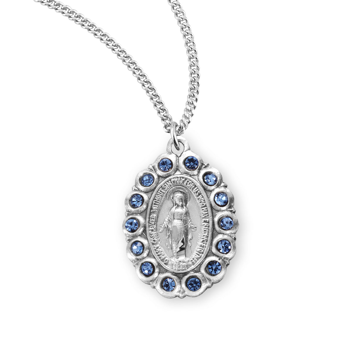 Sterling Silver Oval Miraculous Medal Set with Light Sapphire Crystals