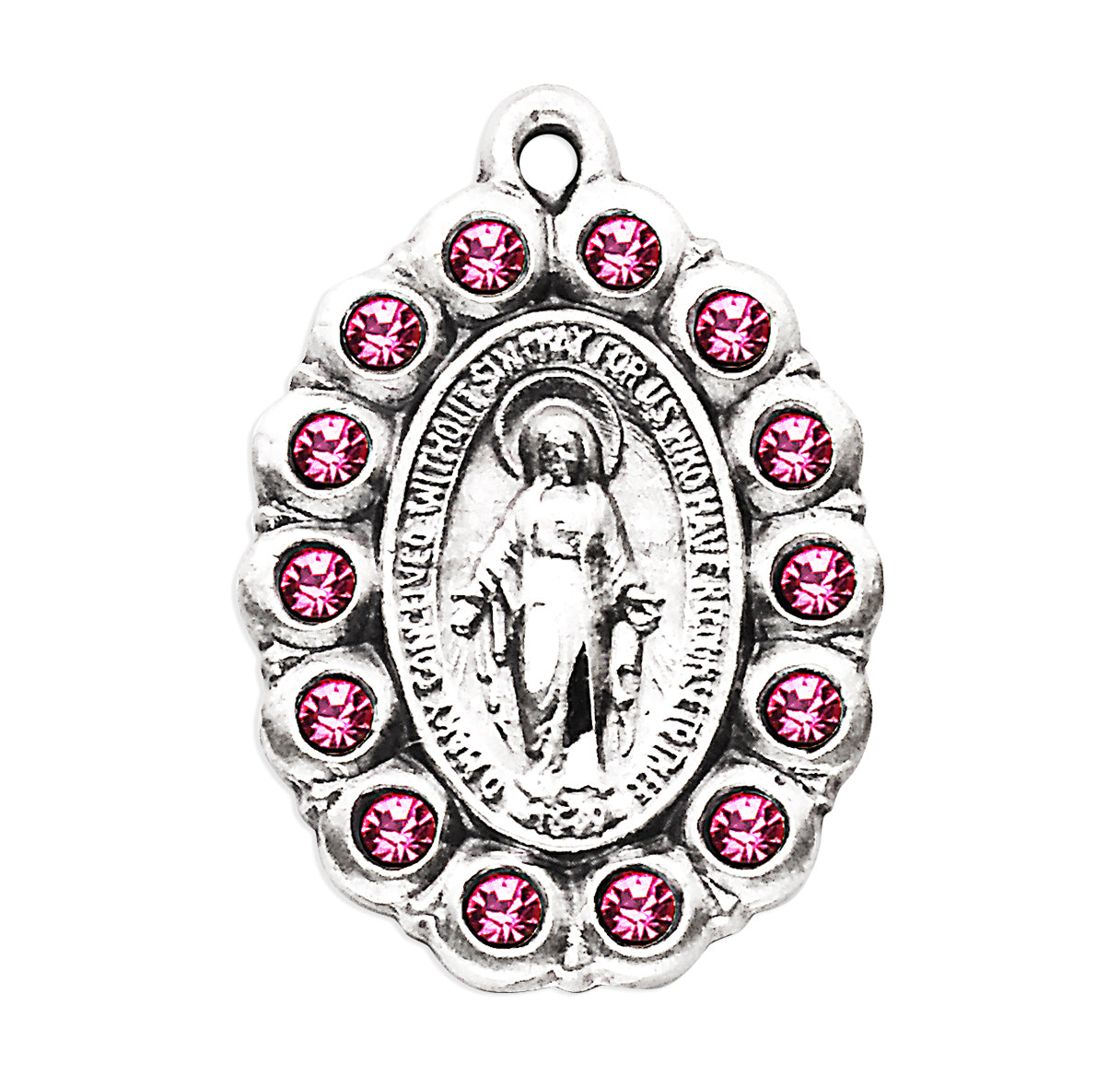 Sterling Silver Oval Miraculous Medal Set with Pink Crystals