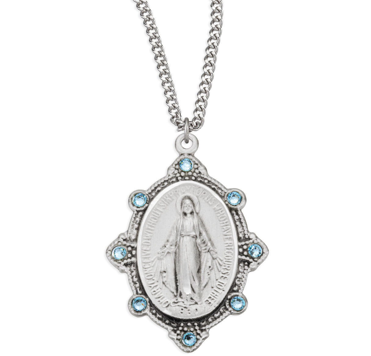 Sterling Silver Oval Miraculous Medal Set with Light Sapphire Crystals