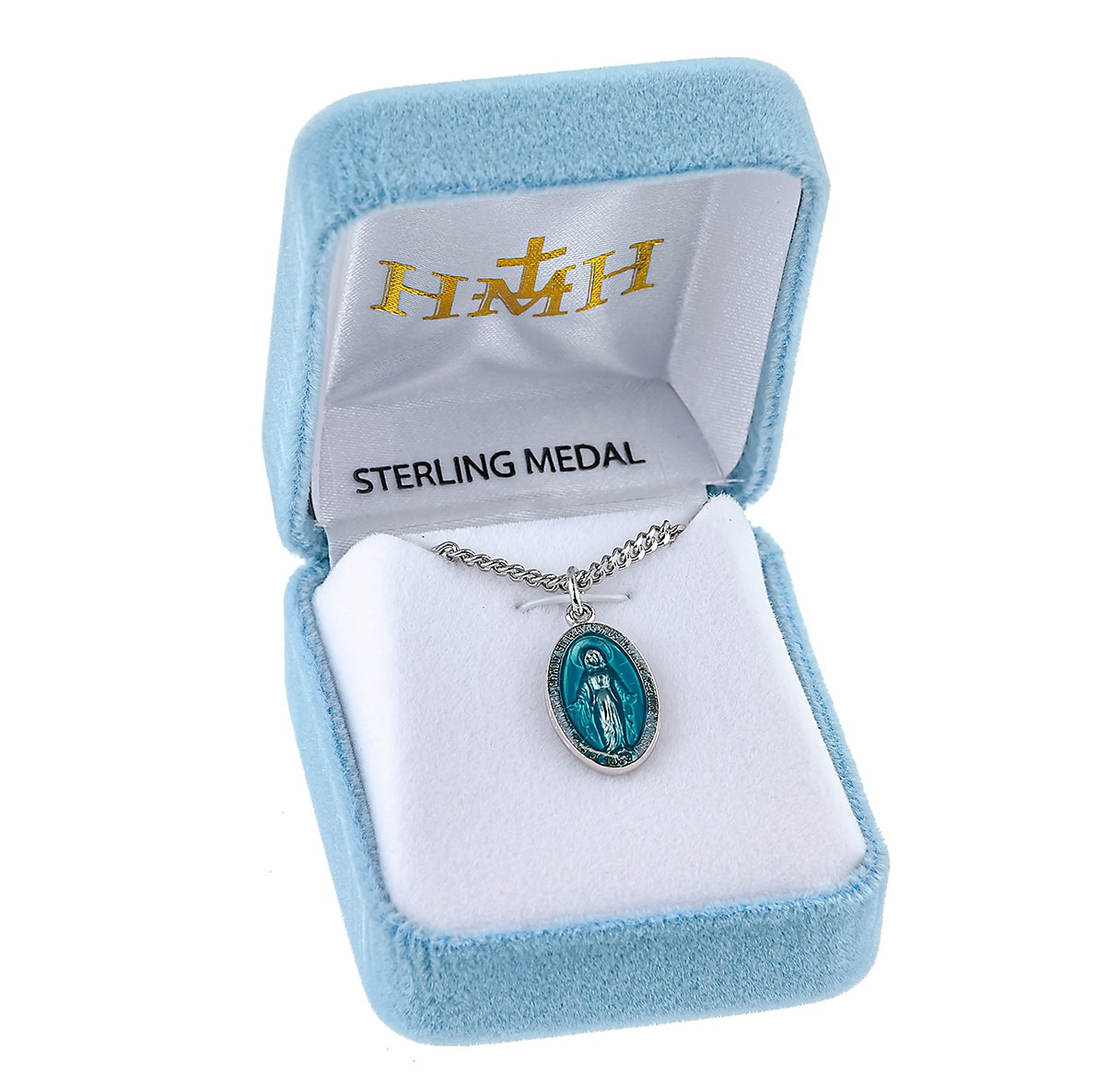 Sterling Silver Oval Blue Enameled Miraculous Medal