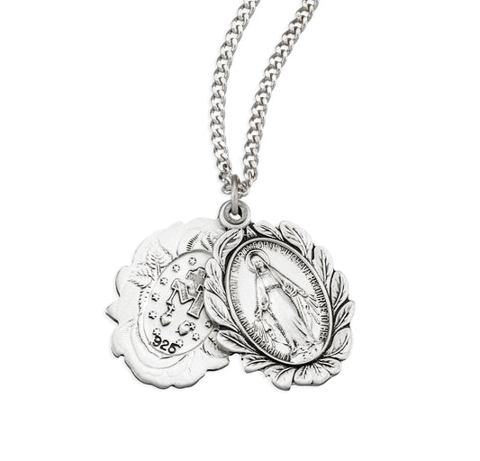 Sterling Silver Double Slide Rose Bud Miraculous Medal 20"