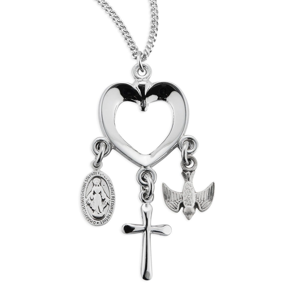 Sterling Silver Heart with Miraculous Medal, Cross & Holy Spirit Charms