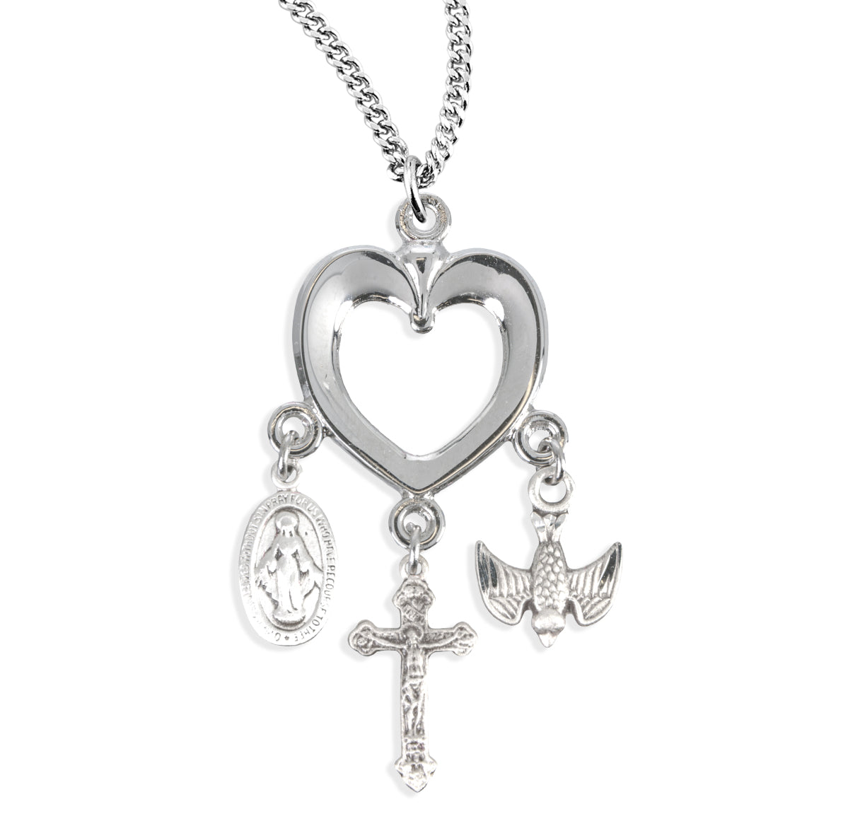 Gold Over Sterling Silver Heart with Miraculous Medal, Crucifix & Holy Spirit Charms