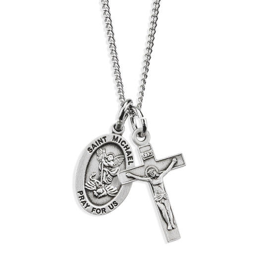 Sterling Silver Small St. Michael Medal and Small Crucifix