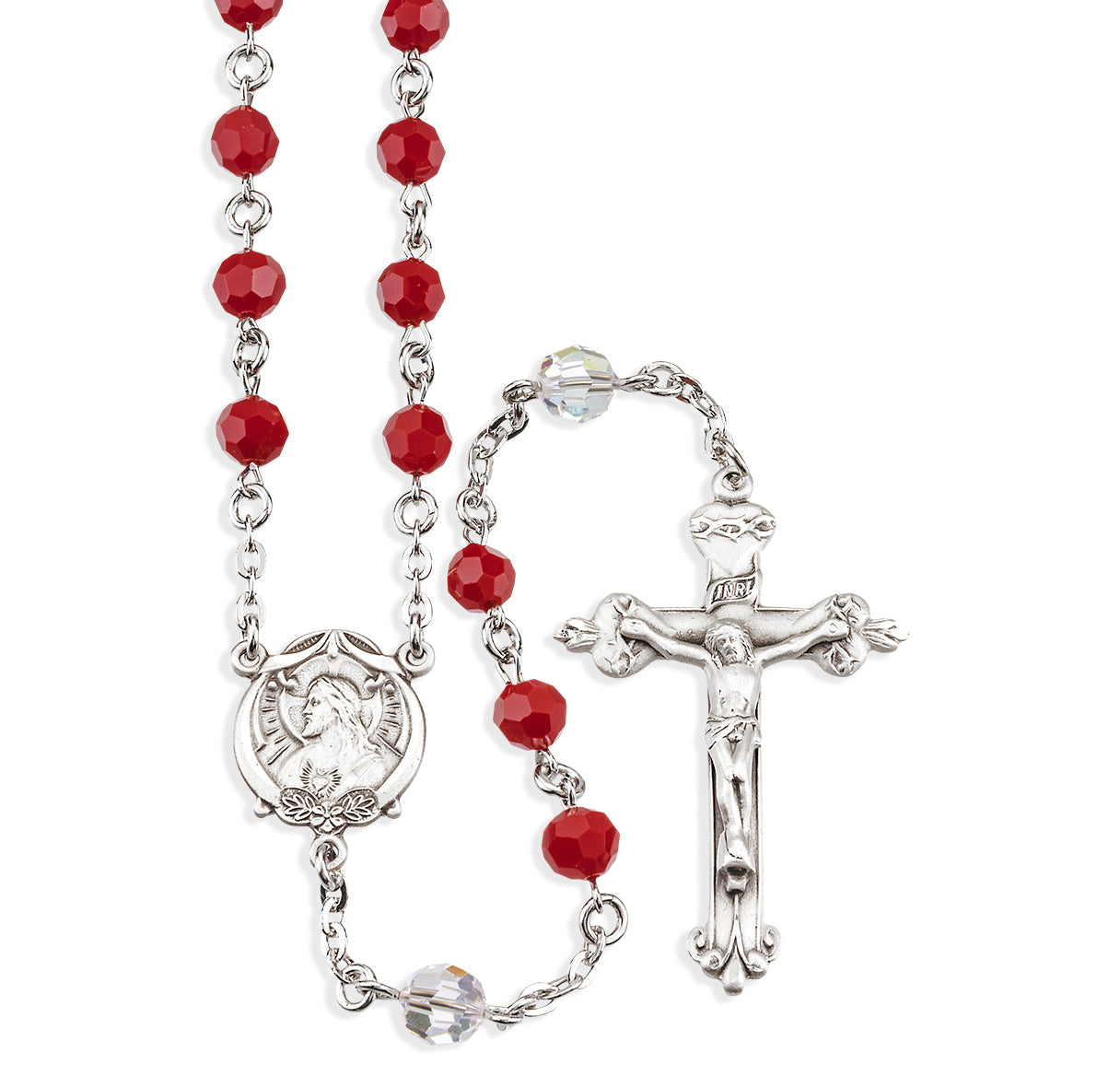 Sterling Silver Sacred Heart of Jesus Chaplet made with 6mm Finest Crystal Blood Red & Crystal Beads