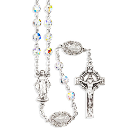 Sterling Silver Rosary Hand Made with finest Austrian Crystal 6mm Aurora Borealis Faceted Round Beads by HMH