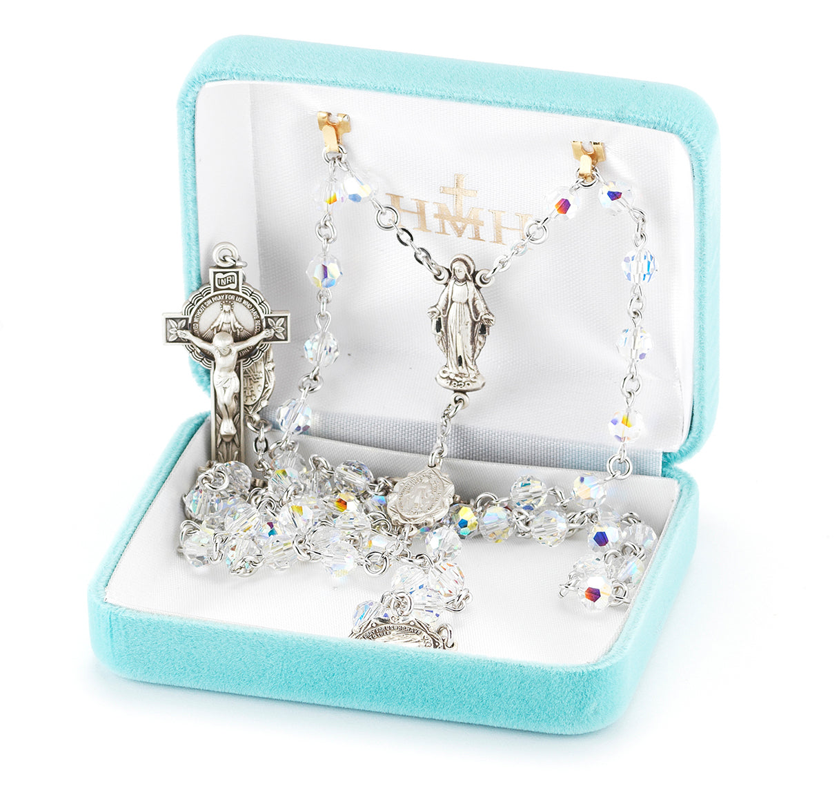 Sterling Silver Rosary Hand Made with finest Austrian Crystal 6mm Aurora Borealis Faceted Round Beads by HMH