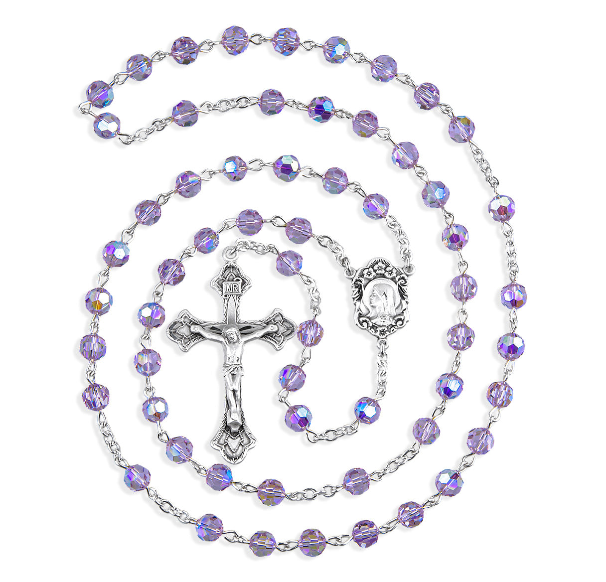 Sterling Silver Rosary Hand Made with finest Austrian Crystal 6mm Light Amethyst Faceted Round Beads by HMH