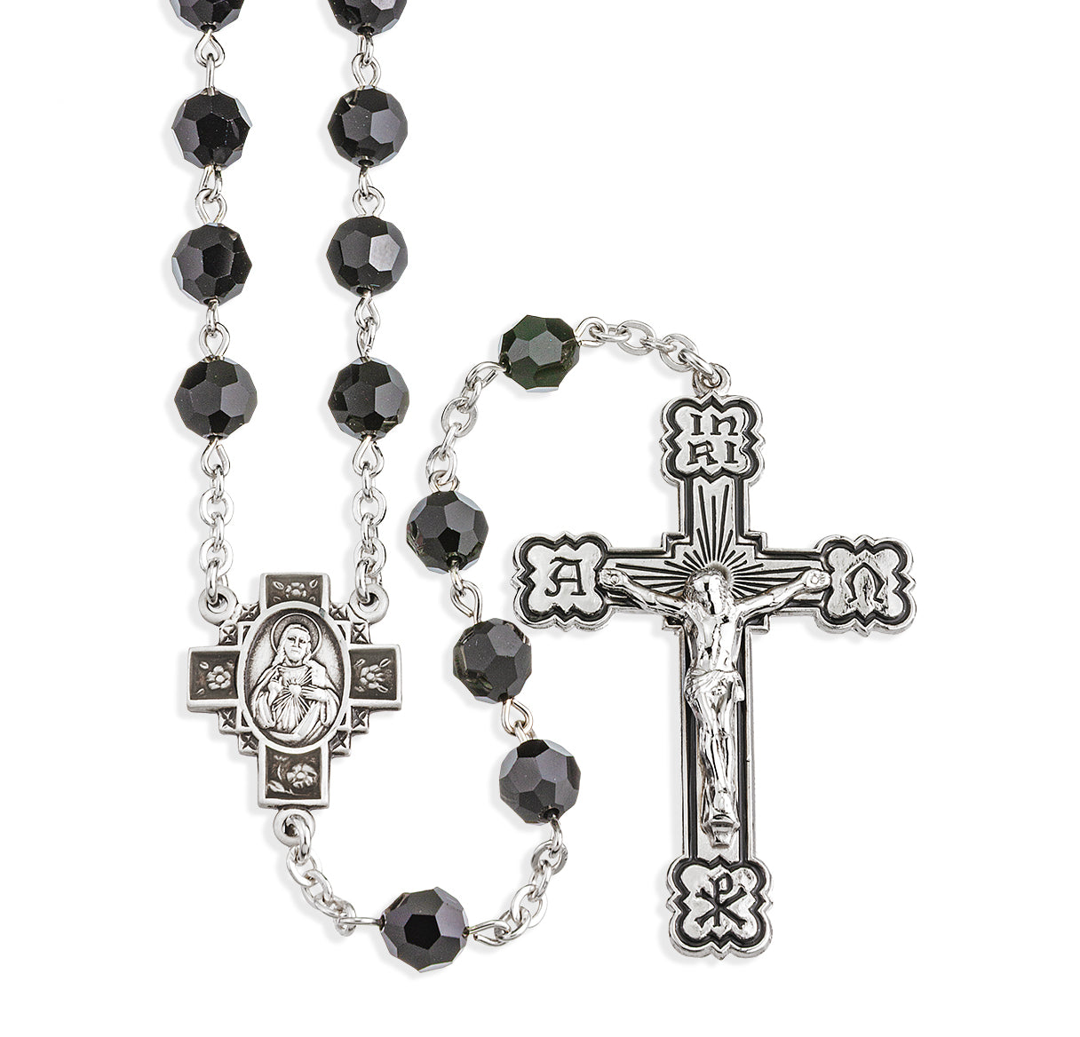 Sterling Silver Rosary Hand Made with finest Austrian Crystal 6mm Jet Faceted Round Beads by HMH