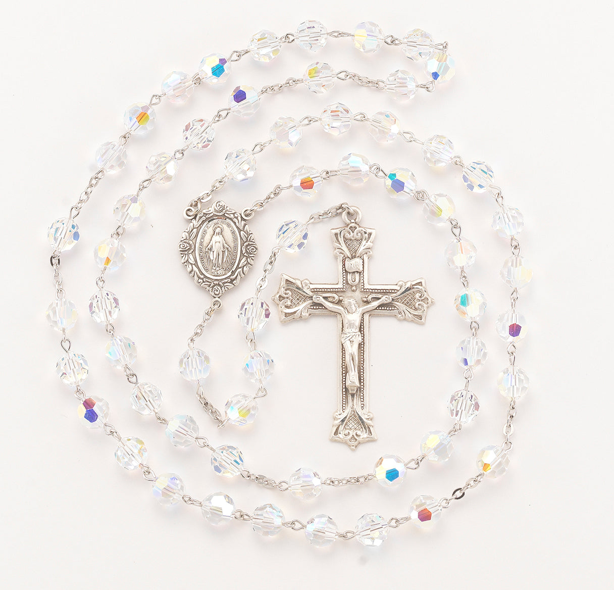 Sterling Silver Rosary Hand Made with finest Austrian Crystal 8mm Aurora Borealis Beads by HMH