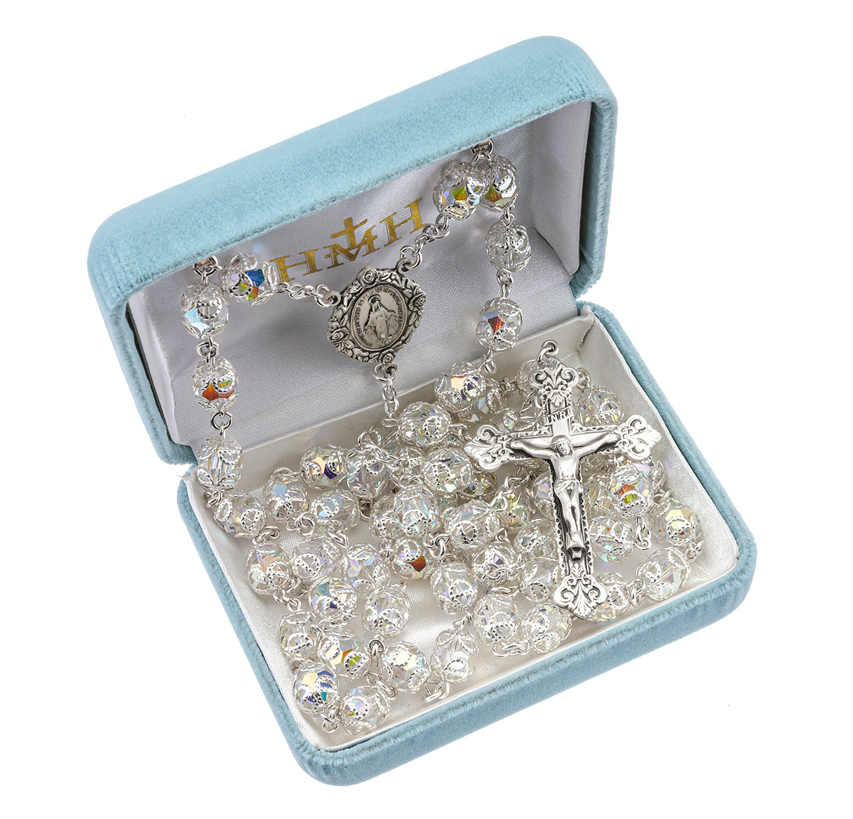 Sterling Silver Rosary Hand Made with finest Austrian Crystal 8mm Aurora Borealis Double Capped Beads by HMH