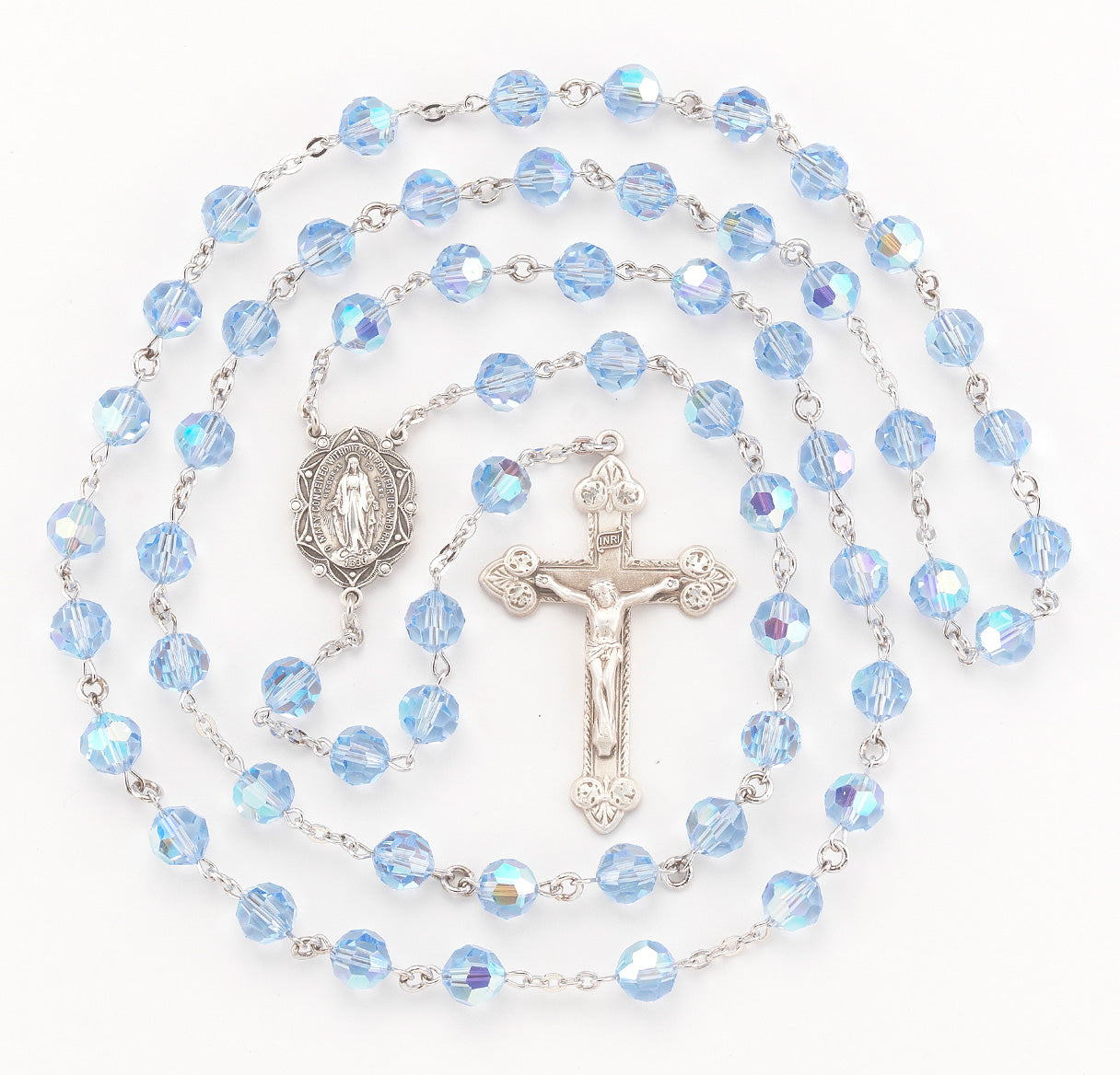 Sterling Silver Rosary Hand Made with finest Austrian Crystal 8mm Light Sapphire Beads