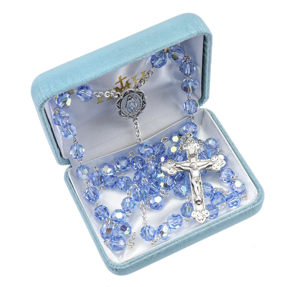 Sterling Silver Rosary Hand Made with finest Austrian Crystal 8mm Light Sapphire Beads