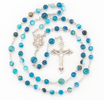 Round Blue Agate Bead Rosary