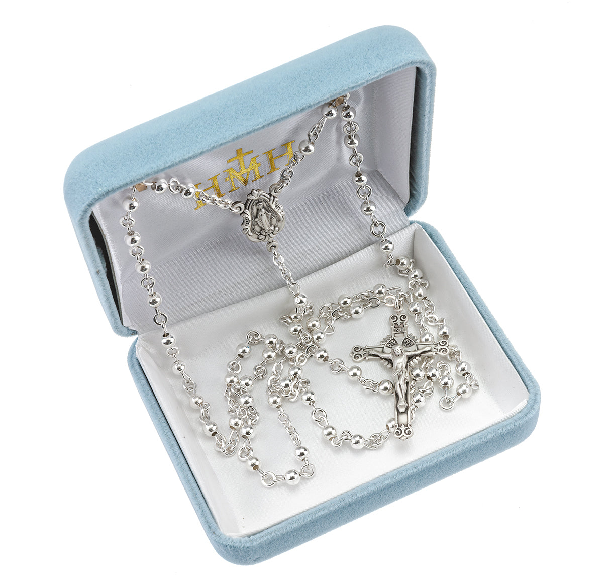 4mm High Polished Sterling Round Beads and Miraculous Medal Center