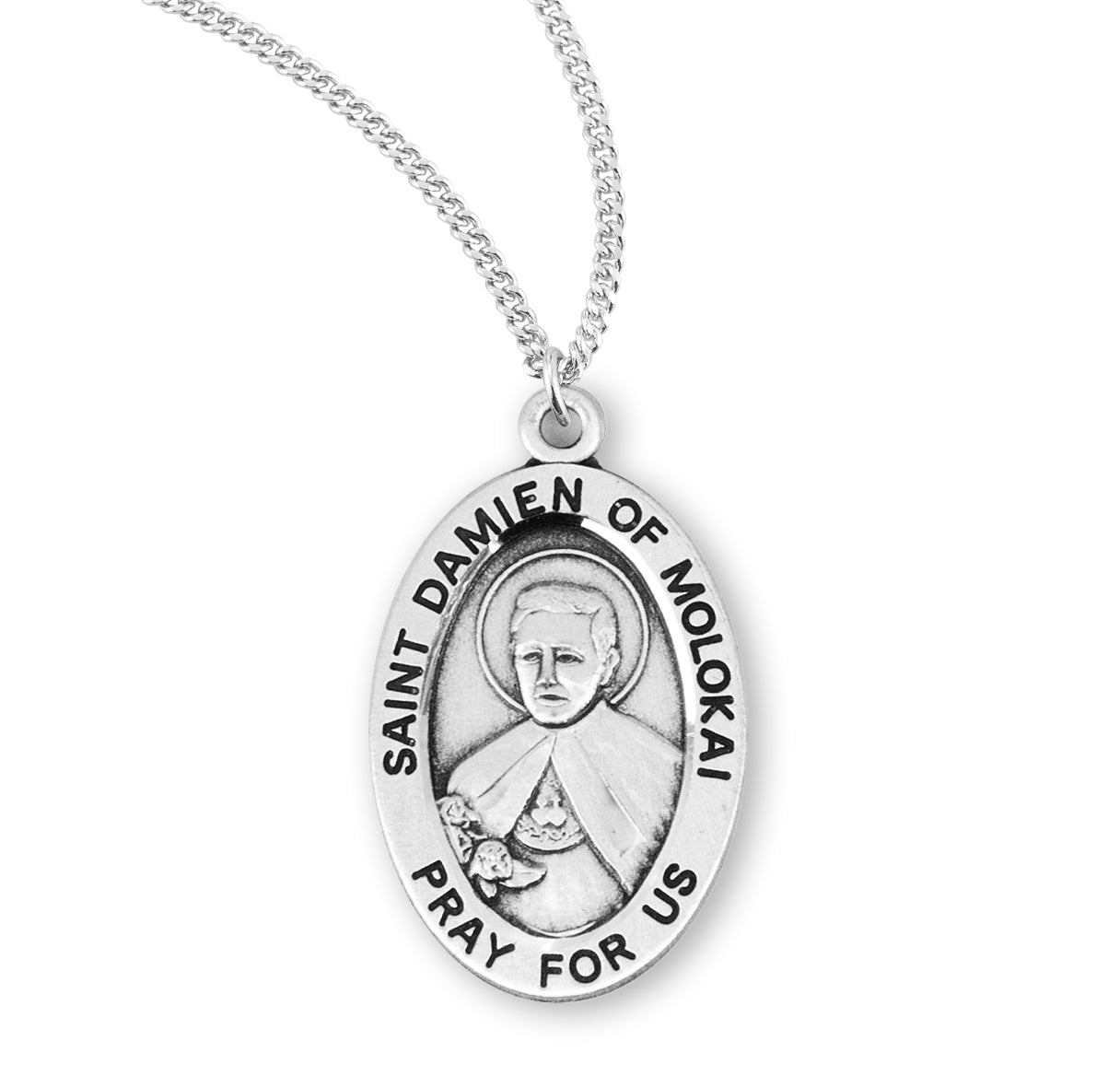 Patron Saint Damian of Molokai Oval Sterling Silver Medal