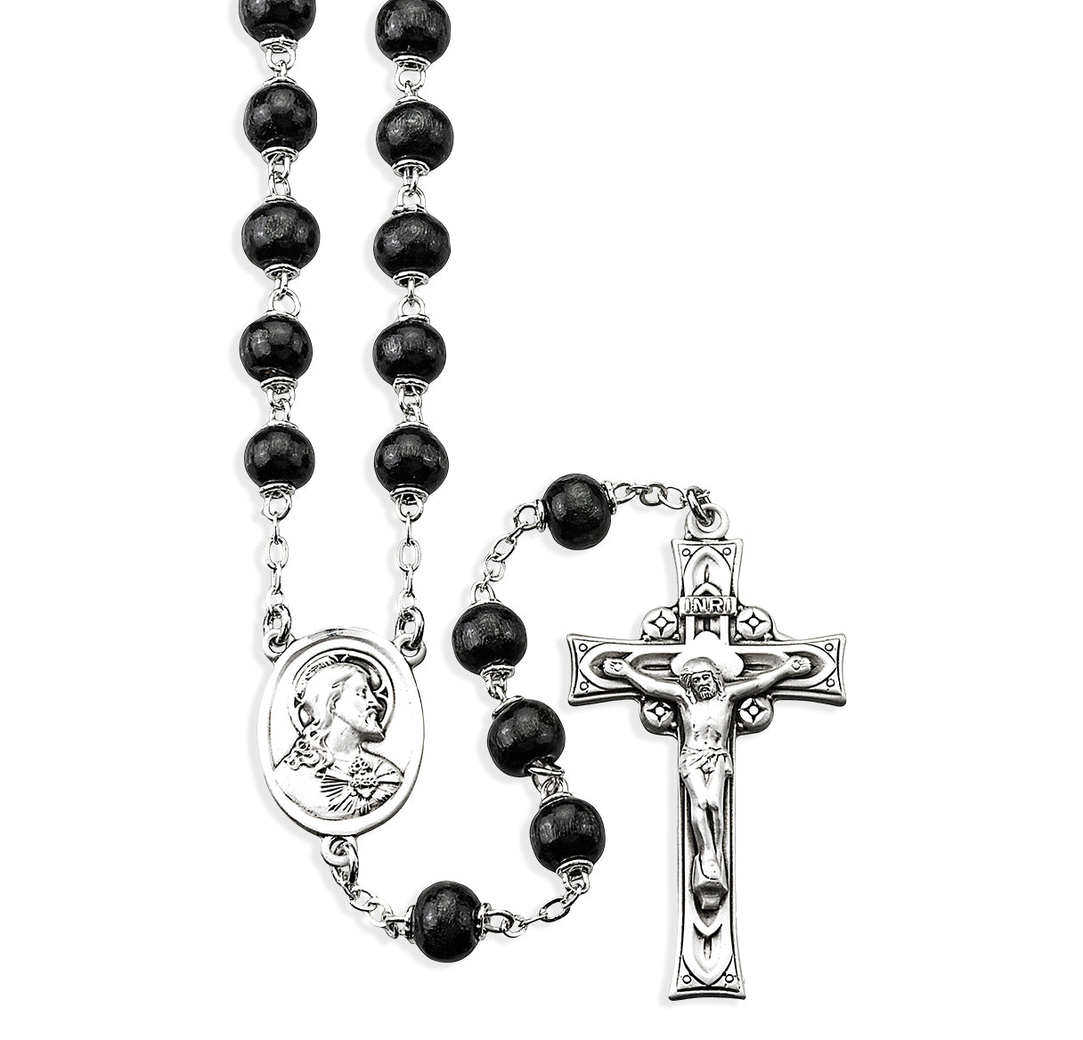 Black Round Boxwood Rosary Sterling Crucifix and Centerpiece