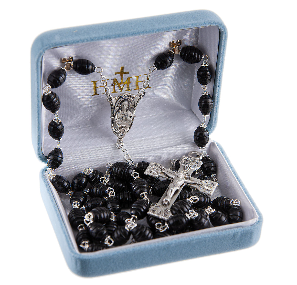7x9mm Black Oval Carved "Beehive" Boxwood Beads
