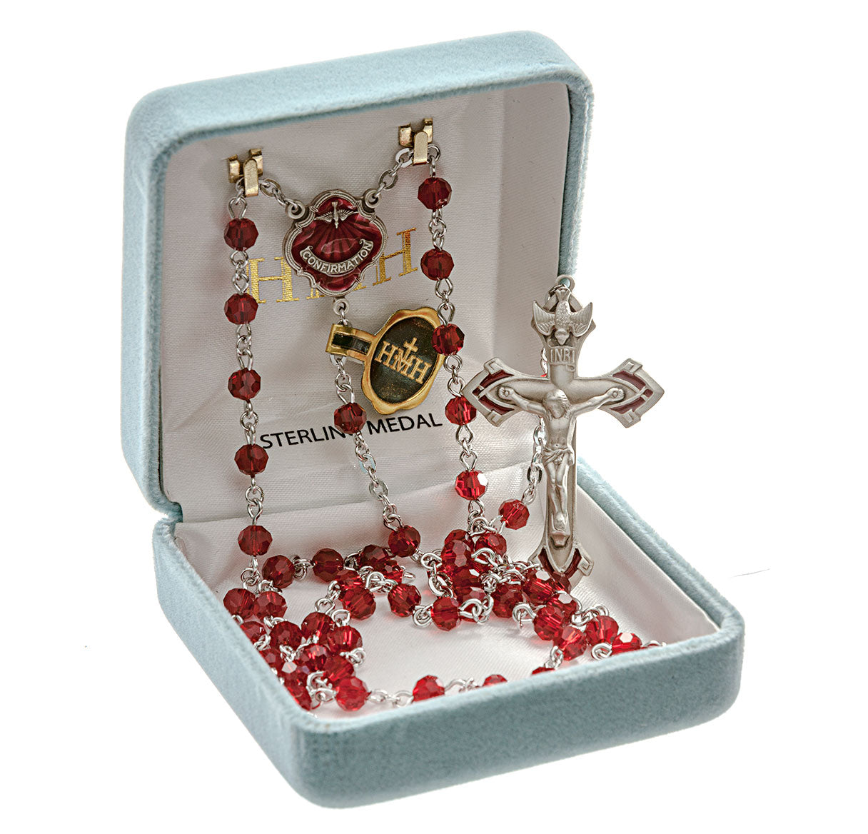 Ruby Round Bead Confirmation Rosary Sterling Crucifix and Centerpiece