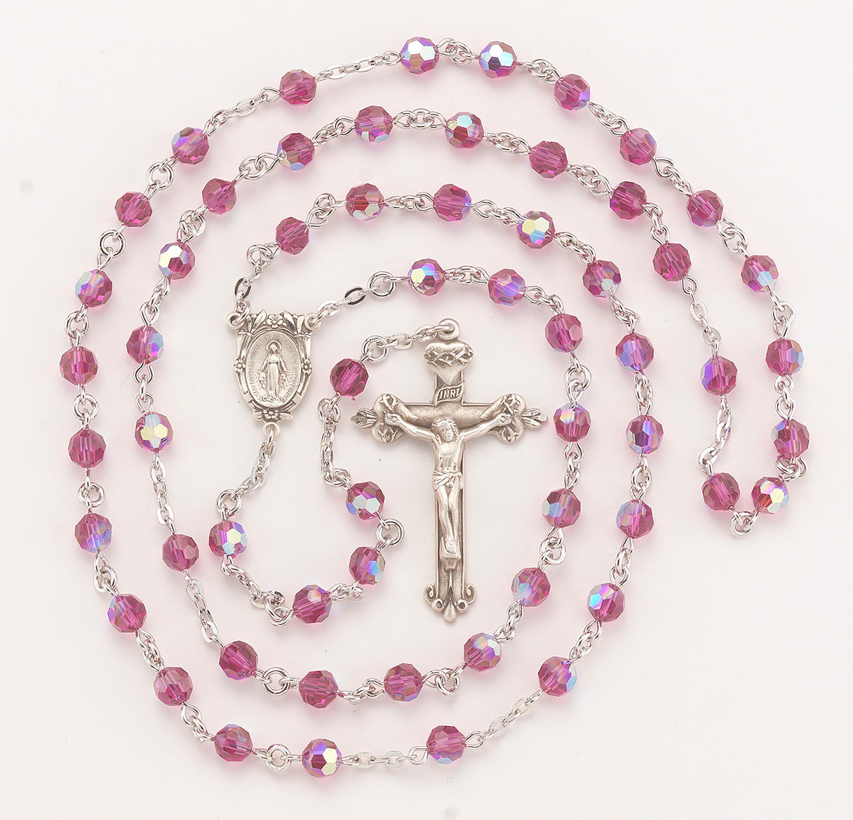 Rosary Sterling Crucifix and Centerpiece Created with finest Austrian Crystal 6mm Faceted Round Fuchsia Beads by HMH