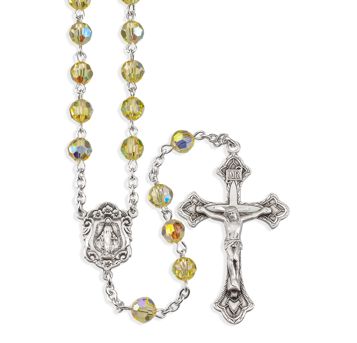 Rosary Sterling Crucifix and Centerpiece Created with finest Austrian Crystal 6mm Faceted Round Jonquil Beads by HMH
