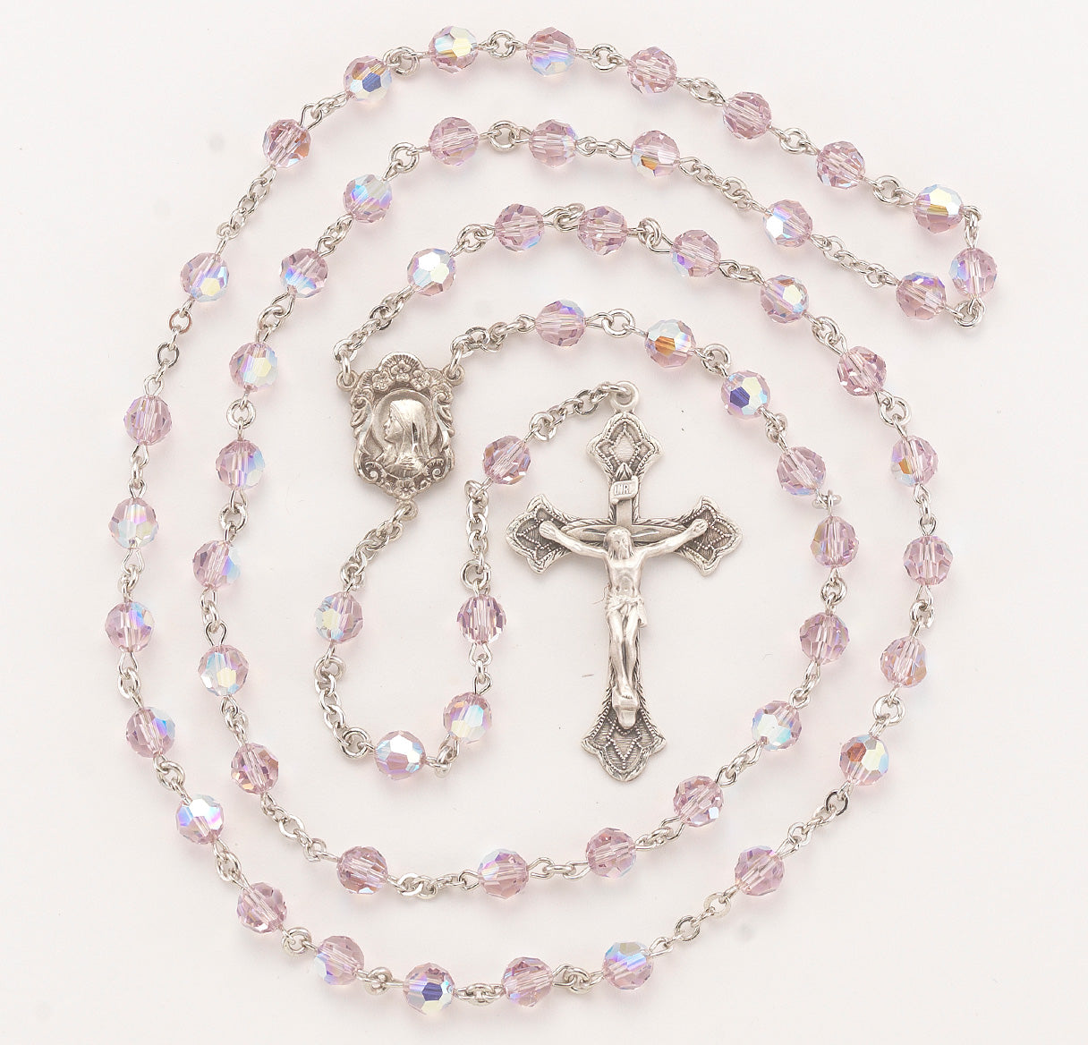 Rosary Sterling Crucifix and Centerpiece Created with finest Austrian Crystal 6mm Faceted Round Light Amethyst Beads by HMH