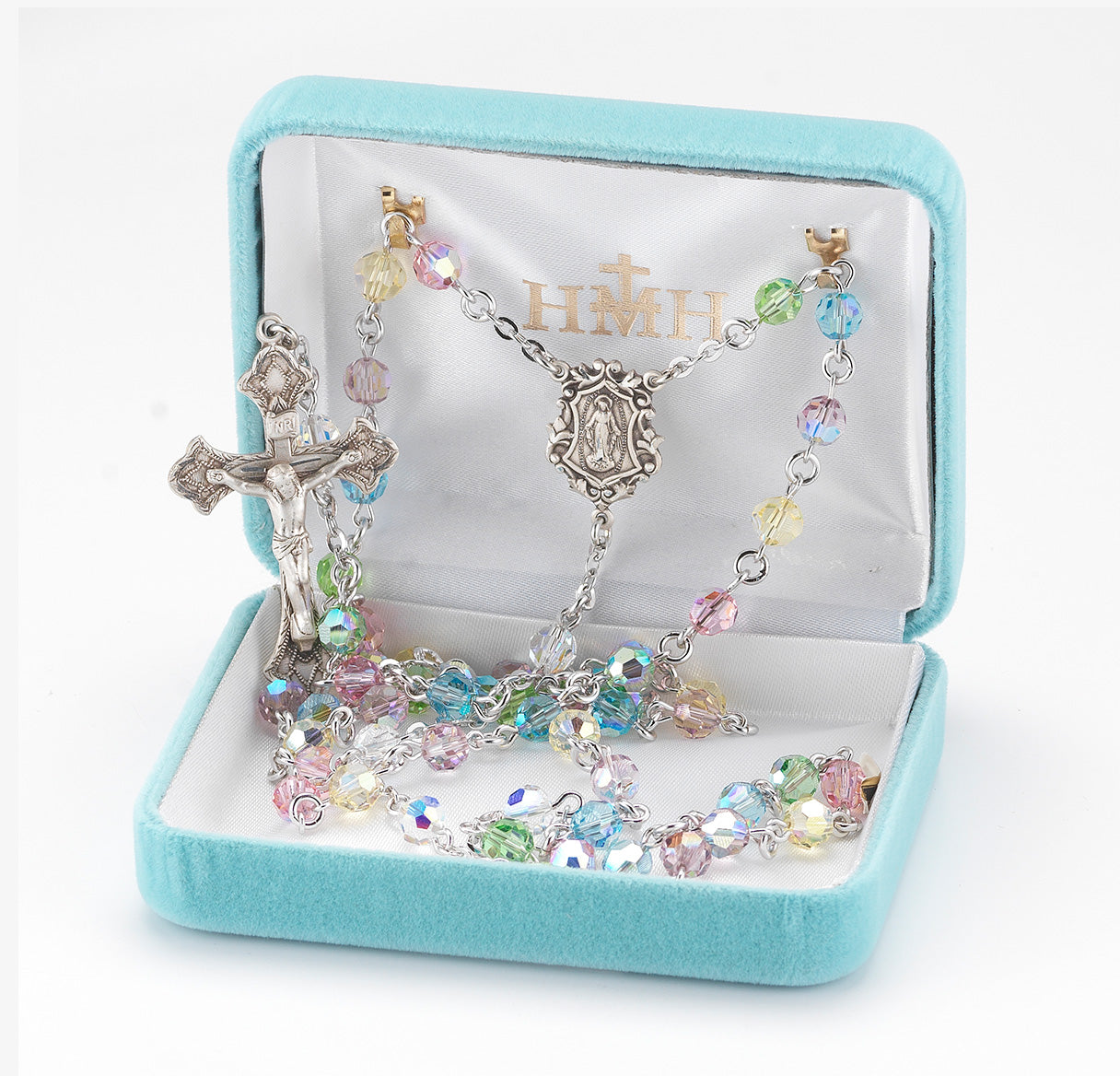 Rosary Sterling Crucifix and Centerpiece Created with finest Austrian Crystal 6mm Faceted Round Multi-Color Beads by HMH