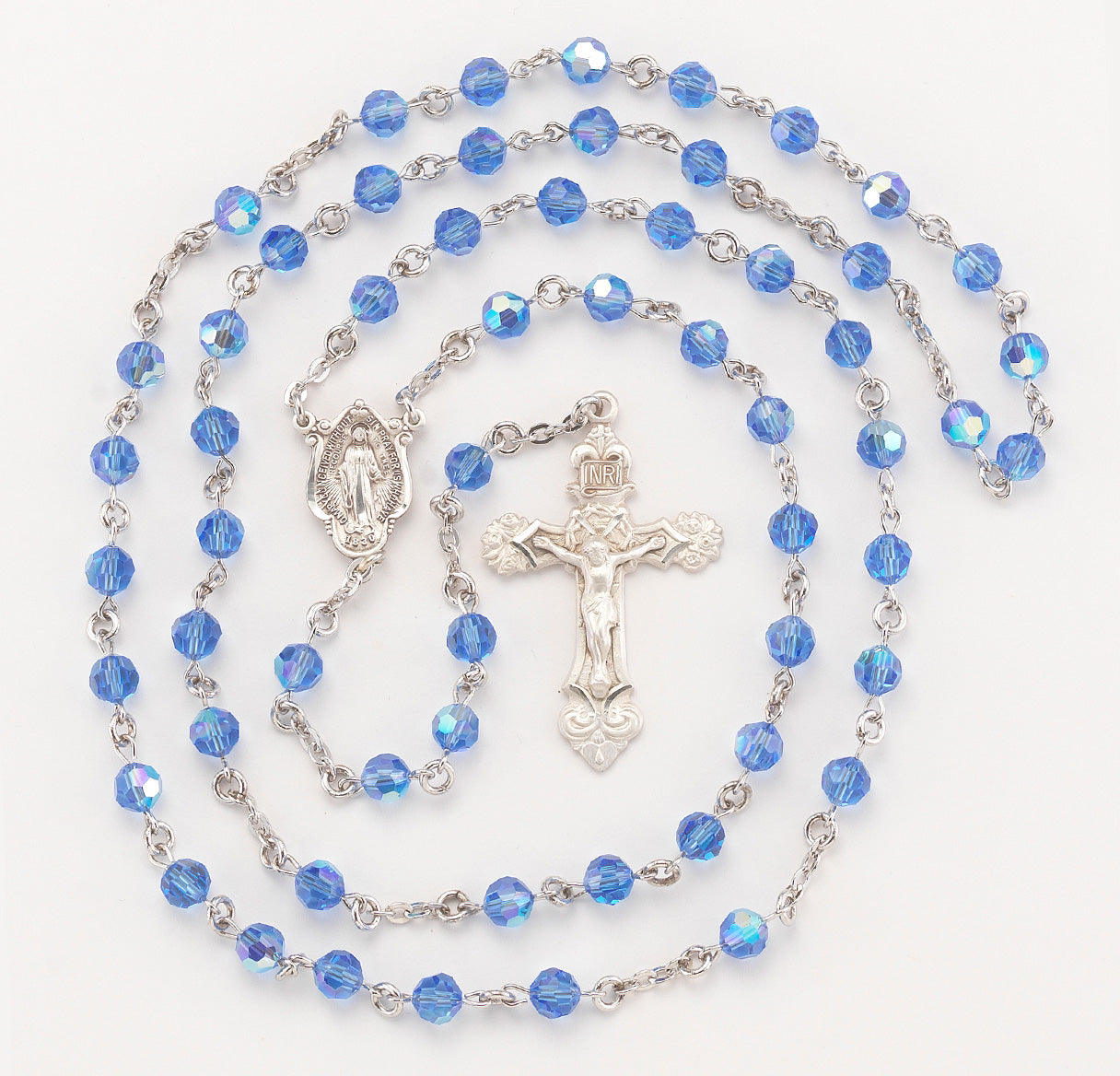 Rosary Sterling Crucifix and Centerpiece Created with finest Austrian Crystal 6mm Faceted Round Sapphire Beads by HMH