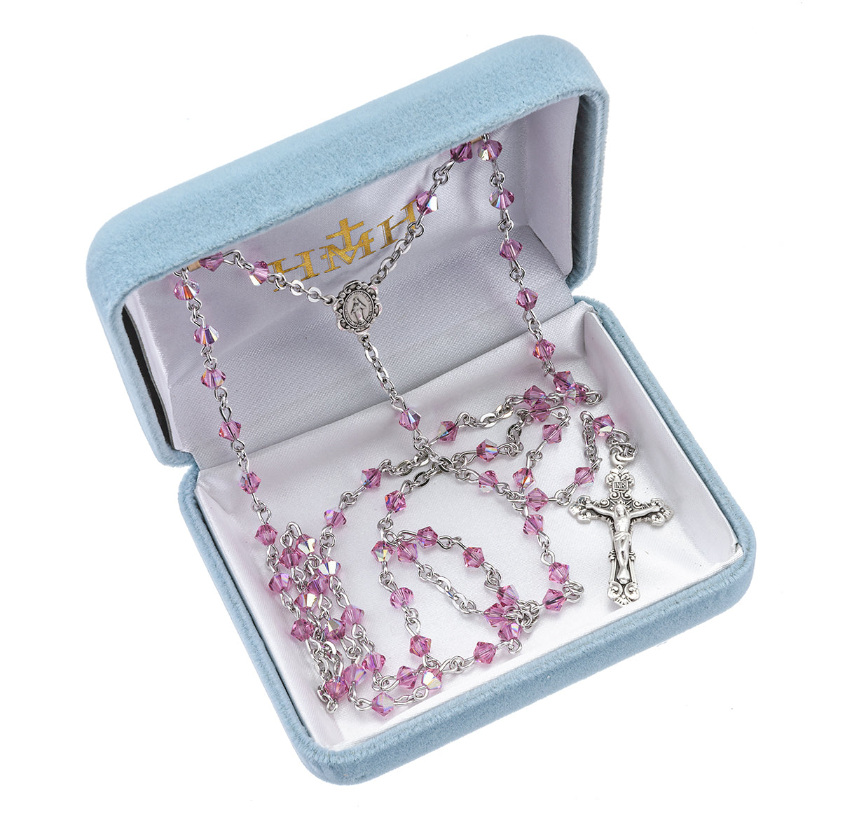 Rosary Sterling Crucifix and Centerpiece Created with finest Austrian Crystal 4mm Faceted Tin Cut Bicone Beads in Pink by HMH