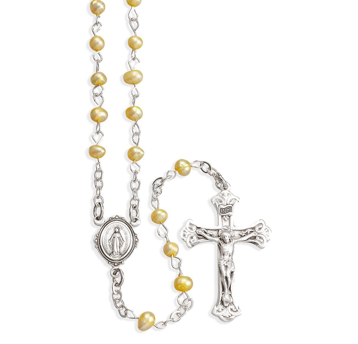 Gold Freshwater Pearl Rosary Sterling Crucifix and Centerpiece