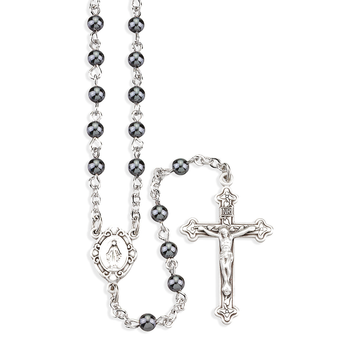 Genuine Hematite Rosary Sterling Crucifix and Centerpiece