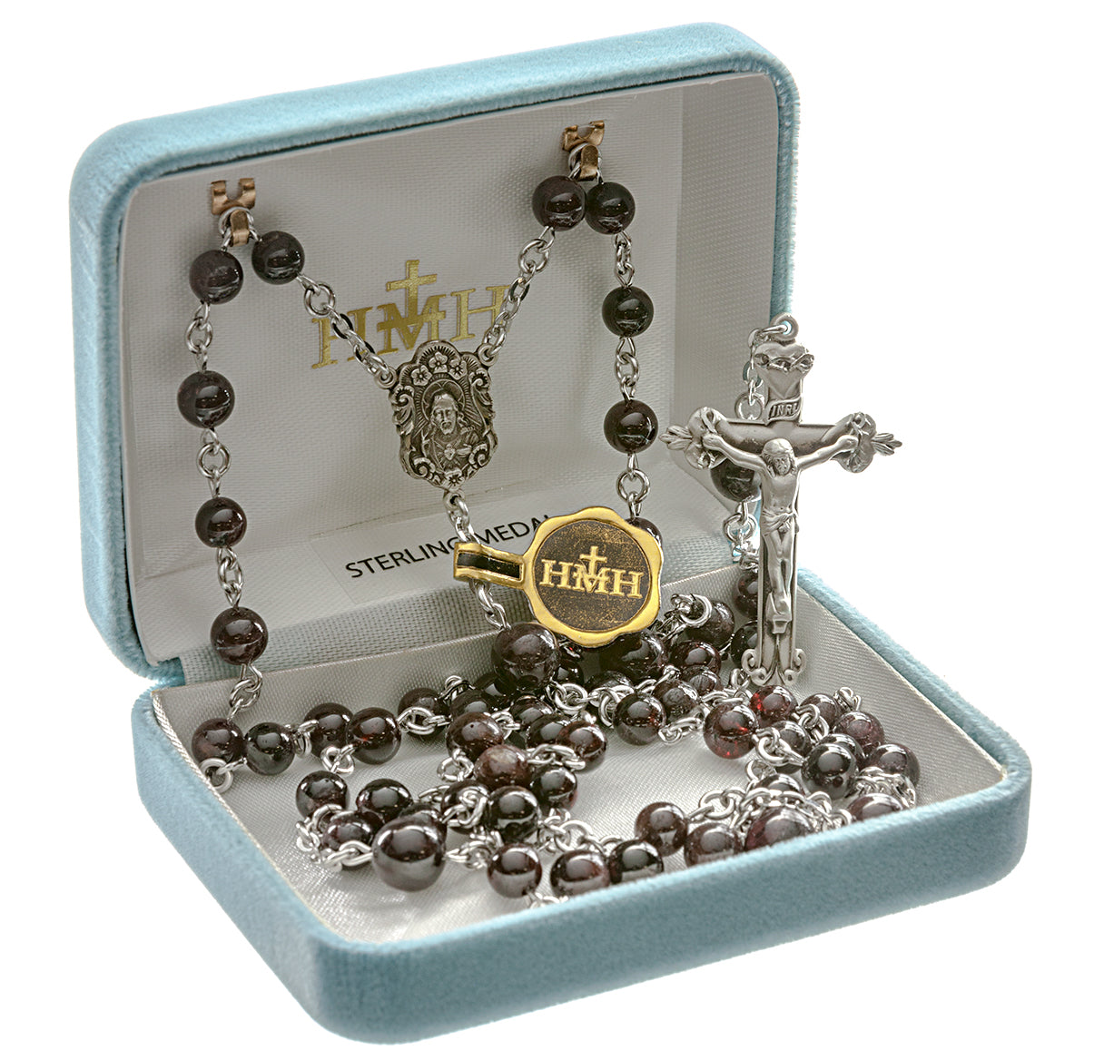 Round Garnet Bead Rosary Sterling Crucifix and Centerpiece