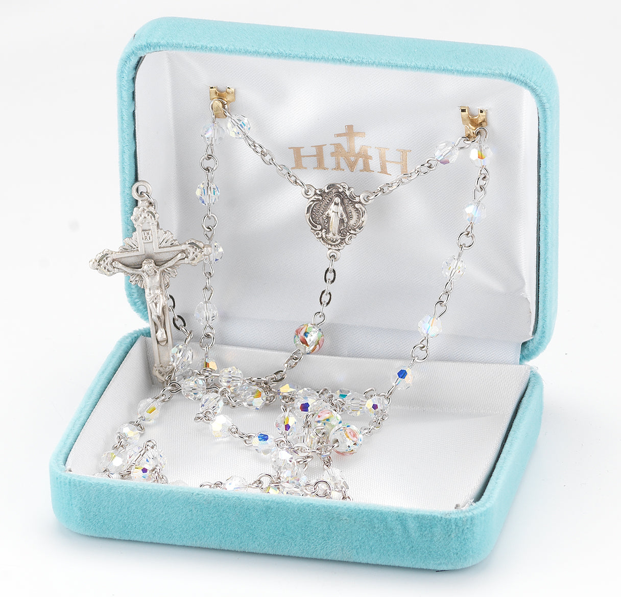 Rosary Sterling Crucifix and Centerpiece Created with finest Austrian Crystal 5mm Aurora Borealis Beads by HMH