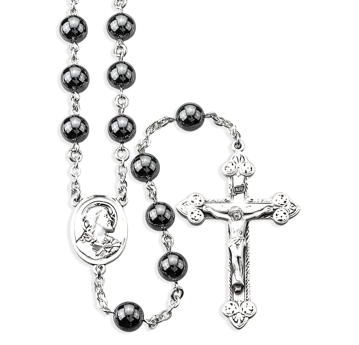 Round Genuine Hematite Rosary Sterling Crucifix and Centerpiece