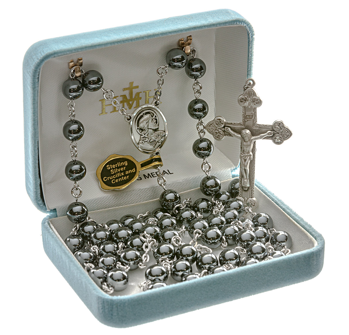 Round Genuine Hematite Rosary Sterling Crucifix and Centerpiece