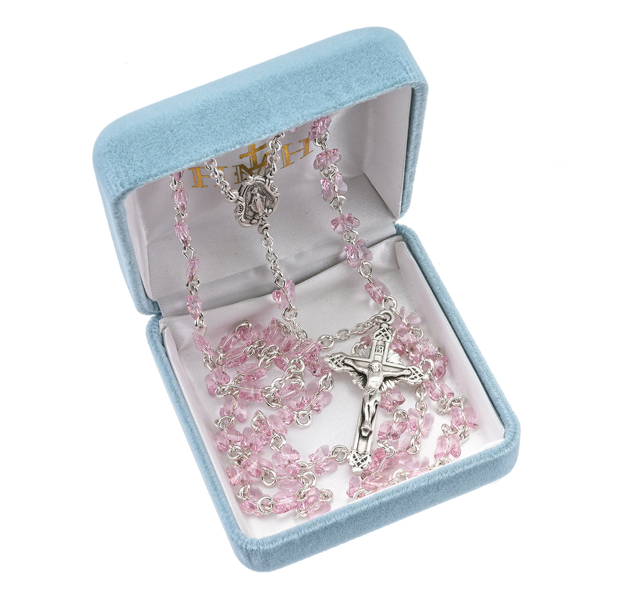 Rosary Sterling Crucifix and Centerpiece Created with finest Austrian Crystal 6mm Butterfly Beads in Light Rose by HMH