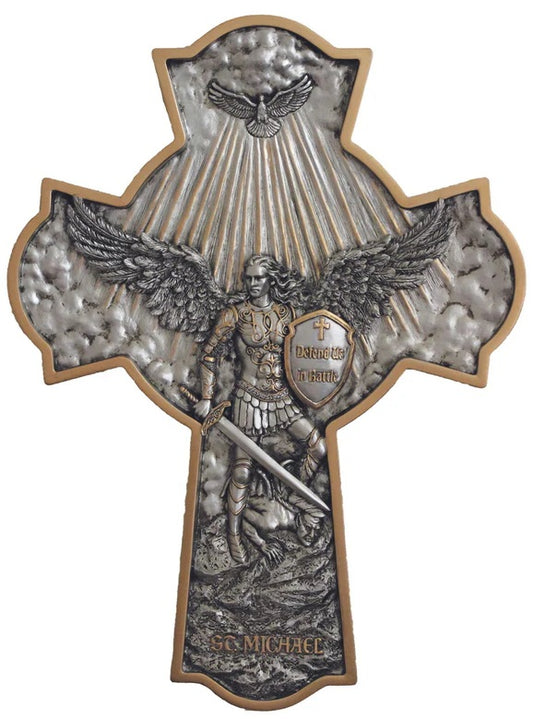 St. Michael Crucifixion Plaque in hand-painted pewter style finish with gold trim 16"