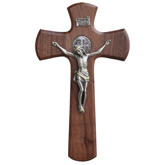 St Benedict Walnut Wall Crucifix 10"