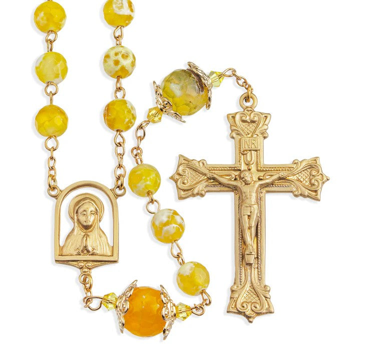 Yellow and White Onyx Gemstone Bead Rosary with Double Capped O.F. Beads a Solid Brass Crucifix and Center