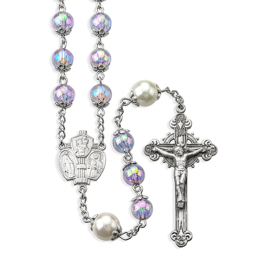8mm Light Amethyst Glass Shimmer Beads with 10mm O.F. Beads. Pewter Crucifix and Center